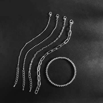 CONRAN KREMIX Silver Chain Bracelet for Women,Stake Layered Dainty Link Paperclip Bracelets Set,Trendy Silver Jewelry For Women