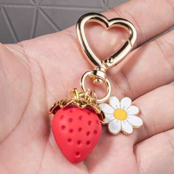 Wikavanli Cute Strawberry Keychain,Bag Charms,Kawaii Heart Flower Daisy Key chains Accessories Decor for Women Girls Purse Gift (Cute Strawberry, Red)