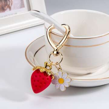 Wikavanli Cute Strawberry Keychain,Bag Charms,Kawaii Heart Flower Daisy Key chains Accessories Decor for Women Girls Purse Gift (Cute Strawberry, Red)