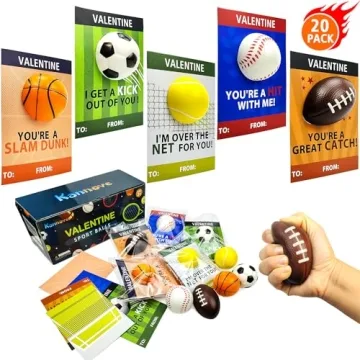 Valentines Day Sports Gifts Cards for Kids Classroom,20 Pack Foam Sport Ball Toys with Class Exchang...