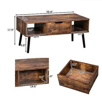 Bonnlo 40" Midcentury Modern Wooden Coffee Table with Open Storage and Drawer,Boho/Retro/Vintage/Farmhouse/Scandinavian Styling Wood Chic Mid Century Center Rectangular Table for Living Room, Rustic