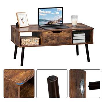 Bonnlo 40" Midcentury Modern Wooden Coffee Table with Open Storage and Drawer,Boho/Retro/Vintage/Farmhouse/Scandinavian Styling Wood Chic Mid Century Center Rectangular Table for Living Room, Rustic