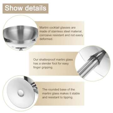 uxcell Stainless Steel Martini Cocktail Glasses, 1Pcs 450ml/16 OZ Unbreakable Martini Glasses, Metal Shatter Proof For Wedding, Parties, Gift，Silver