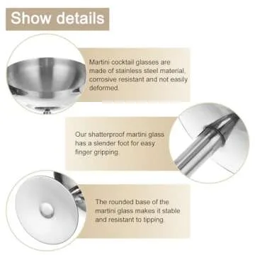 uxcell Stainless Steel Martini Cocktail Glasses, 1Pcs 450ml/16 OZ Unbreakable Martini Glasses, Metal Shatter Proof For Wedding, Parties, Gift，Silver