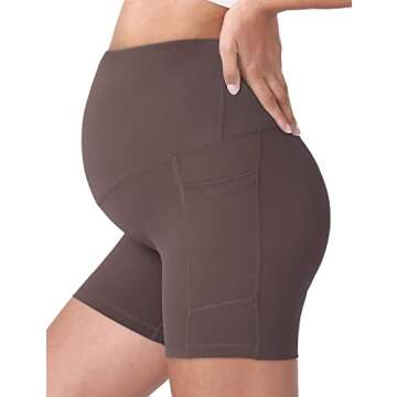POSHDIVAH Women's Maternity Yoga Shorts Over The Belly Bump Summer Workout Running Active Short Pants with Pockets Dark Brown 5" Small