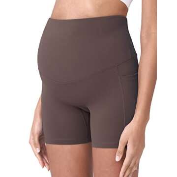 POSHDIVAH Women's Maternity Yoga Shorts Over The Belly Bump Summer Workout Running Active Short Pants with Pockets Dark Brown 5" Small