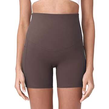 POSHDIVAH Women's Maternity Yoga Shorts Over The Belly Bump Summer Workout Running Active Short Pants with Pockets Dark Brown 5" Small