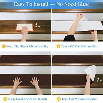 RIOLAND Non-Slip Stair Treads Carpet Indoor 14 Pack Stair Rugs for Wooden Steps Anti Moving Stair Runners Safety for Dogs Elders and Kids, 8” x 30”, Coffee Brown