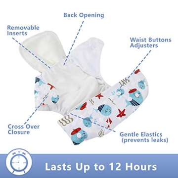 Leekalos Cloth Diapers Reusable for Boys and Girls, Baby Diaper Cloth with Inserts & Wet Bag One Size (Undersea)
