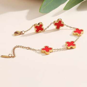 TICVRSS 18K Gold Plated Clover Bracelet for Women Adjustable Cute Fashion Simple Red Bracelet Lucky Bracelets Jewelry Gifts Trendy for Women