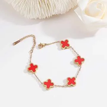 TICVRSS 18K Gold Plated Clover Bracelet for Women Adjustable Cute Fashion Simple Red Bracelet Lucky Bracelets Jewelry Gifts Trendy for Women