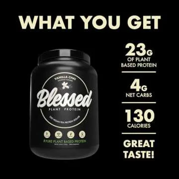 Blessed Vegan Protein Powder - Plant Based Protein Powder Meal Replacement Protein Shake, 23g of Pea Protein Powder, Dairy Free, Gluten Free, Soy Free, No Sugar Added, 30 Servings (Vanilla Chai)