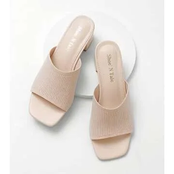 Shoe'N Tale Heeled Sandals For Women Square Open Toe Heeled Mules Chunky Block Low Heel Slip On Slides(7,Beige)