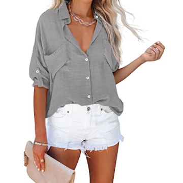 Diosun Womens Button Down Shirts V Neck Casual Long Sleeve Roll Up Loose Plain Blouses Tops with Poc...