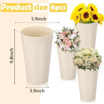 Voittozege 6 Pcs Galvanized Metal Vases with Handle Flower Metal Planter Galvanized Buckets Bulk Farmhouse French Flowers Bucket for Home Decor Wedding Table Centerpiece Decorations (Beige, 9.8 Inch)