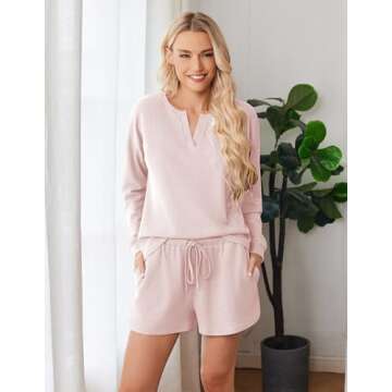 Ekouaer Pajama Set for Women Waffle Knit Lounge Sets Long Sleeve Top and Shorts Matching Loungewear,...