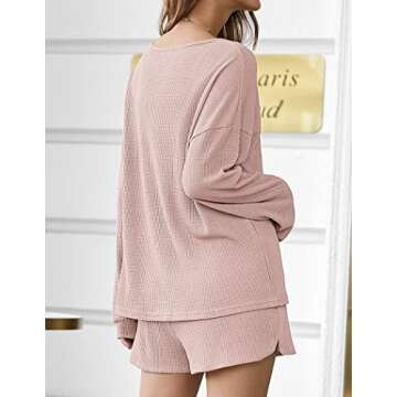 Ekouaer Pajama Set for Women Waffle Knit Lounge Sets Long Sleeve Top and Shorts Matching Loungewear,Light Pink,M