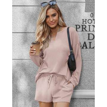 Ekouaer Pajama Set for Women Waffle Knit Lounge Sets Long Sleeve Top and Shorts Matching Loungewear,Light Pink,M