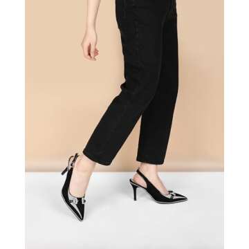Soireelady Women Black Pumps Slingback Heels Pointed Toe High Heels Slip On Stilettos Slingback Adjustable Buckle 3.5 Inches Beaded Shoes Black US Size 6