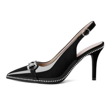 Soireelady Women Black Pumps Slingback Heels Pointed Toe High Heels Slip On Stilettos Slingback Adjustable Buckle 3.5 Inches Beaded Shoes Black US Size 6