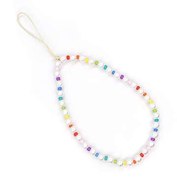 SYSUII Beaded Phone Lanyard Wrist Strap for Women Girls, Smiley Face Rainbow Beaded Phone Charm Decoration Chain Hand Wrist Lanyard Anti-Lost Phone String for iPhone 12 Samsung Camera Key