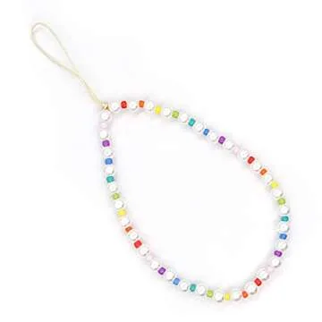 SYSUII Beaded Phone Lanyard Wrist Strap for Women Girls, Smiley Face Rainbow Beaded Phone Charm Decoration Chain Hand Wrist Lanyard Anti-Lost Phone String for iPhone 12 Samsung Camera Key