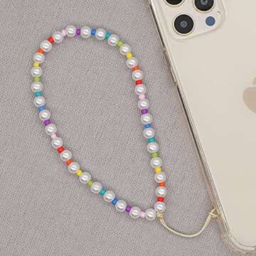 SYSUII Beaded Phone Lanyard Wrist Strap for Women Girls, Smiley Face Rainbow Beaded Phone Charm Decoration Chain Hand Wrist Lanyard Anti-Lost Phone String for iPhone 12 Samsung Camera Key