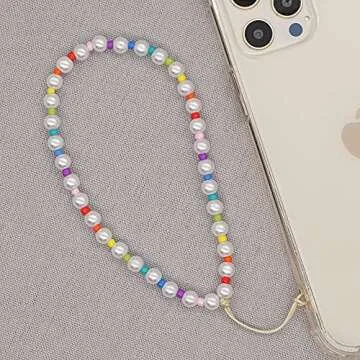 SYSUII Beaded Phone Lanyard Wrist Strap for Women Girls, Smiley Face Rainbow Beaded Phone Charm Decoration Chain Hand Wrist Lanyard Anti-Lost Phone String for iPhone 12 Samsung Camera Key