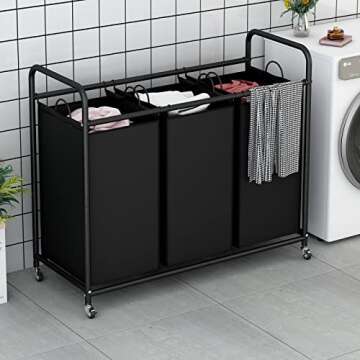LINZINAR 3-Bag Laundry Basket Hamper Laundry Sorter Cart laundry room organization with Heavy Duty Rolling Lockable Wheels and Removable Bags (Black)