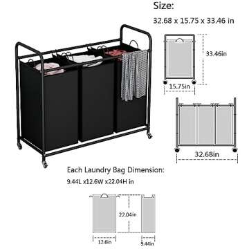LINZINAR 3-Bag Laundry Basket Hamper Laundry Sorter Cart laundry room organization with Heavy Duty Rolling Lockable Wheels and Removable Bags (Black)