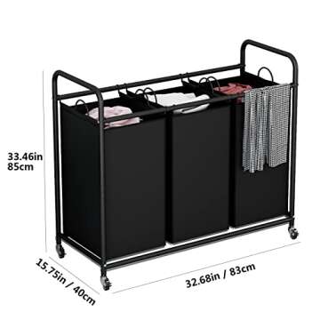 LINZINAR 3-Bag Laundry Basket Hamper Laundry Sorter Cart laundry room organization with Heavy Duty Rolling Lockable Wheels and Removable Bags (Black)
