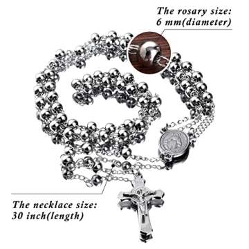 30" Stainless Steel Rosary Beads Necklace 6mm Silver Color with Jesus Christ Crucifix Cross