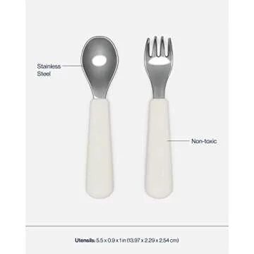 Lalo Big Bites Kids Dinnerware Starter Set - Dishwasher Safe, BPA Free, Kids Tableware Set - Includes Stackable Bowl, Plate, Utensils & Cup - 5 Pieces - Oatmeal