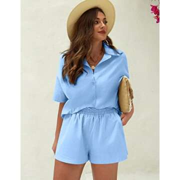 IN'VOLAND Womens Two Piece Outfits Plus Size Casual Linen Set Button Down Shirt and High Waisted Sho...