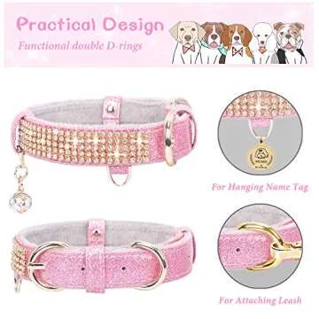 PetsHome Bling Rhinestone Cat and Dog Collar Adjustable Medium Pink