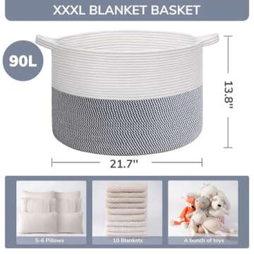INDRESSME XXXLarge Cotton Rope Basket 21.7" x 21.7" x 13.8" Woven Baby Laundry Baskets Blanket Basket Toy Baskets with Handle Storage Comforter Cushions Navy Laundry Hamper
