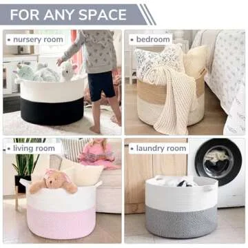 INDRESSME XXXLarge Cotton Rope Basket 21.7" x 21.7" x 13.8" Woven Baby Laundry Baskets Blanket Basket Toy Baskets with Handle Storage Comforter Cushions Navy Laundry Hamper