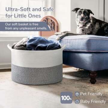 INDRESSME XXXLarge Cotton Rope Basket 21.7" x 21.7" x 13.8" Woven Baby Laundry Baskets Blanket Basket Toy Baskets with Handle Storage Comforter Cushions Navy Laundry Hamper