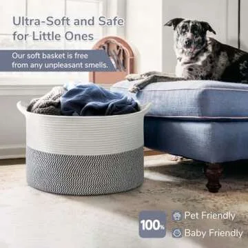 INDRESSME XXXLarge Cotton Rope Basket 21.7" x 21.7" x 13.8" Woven Baby Laundry Baskets Blanket Basket Toy Baskets with Handle Storage Comforter Cushions Navy Laundry Hamper