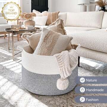 INDRESSME XXXLarge Cotton Rope Basket 21.7" x 21.7" x 13.8" Woven Baby Laundry Baskets Blanket Basket Toy Baskets with Handle Storage Comforter Cushions Navy Laundry Hamper