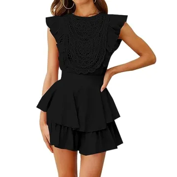 SPRIME Women's Floral Lace Crochet Short Romper - Casual Layered Jumpsuit