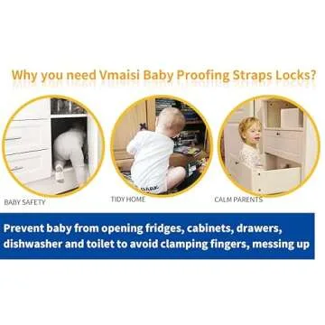 Vmaisi Baby Proofing Cabinet Locks - Childproofing Adjustable Multi Use Straps Latches for Drawers, Fridge, Dishwasher, Toilet Seat, Cupboard, Closet, Oven,Trash Can, Adhesive No Drilling (White) (4)