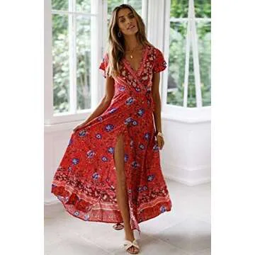 PRETTYGARDEN Women's Casual Long Summer Dresses Boho Floral Wrap V Neck Short Sleeve Split Maxi Beach Dress (Red,Large)