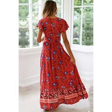 PRETTYGARDEN Women's Casual Long Summer Dresses Boho Floral Wrap V Neck Short Sleeve Split Maxi Beach Dress (Red,Large)