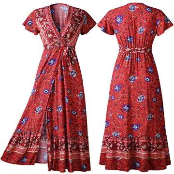 PRETTYGARDEN Women's Casual Long Summer Dresses Boho Floral Wrap V Neck Short Sleeve Split Maxi Beach Dress (Red,Large)