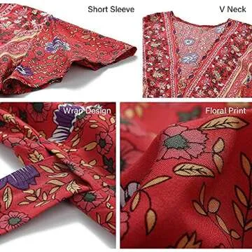 PRETTYGARDEN Women's Casual Long Summer Dresses Boho Floral Wrap V Neck Short Sleeve Split Maxi Beach Dress (Red,Large)