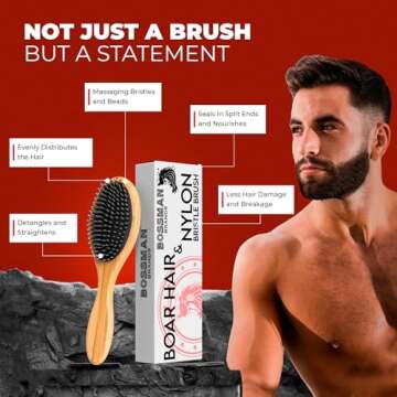 Bossman Men's Boar and Nylon Bristle Hair and Beard Brush - Detangling & Straightening Wooden Oval Wet Brush - Ergonomic Bamboo Design
