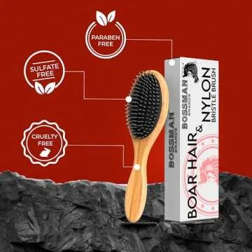 Bossman Men's Boar and Nylon Bristle Hair and Beard Brush - Detangling & Straightening Wooden Oval Wet Brush - Ergonomic Bamboo Design