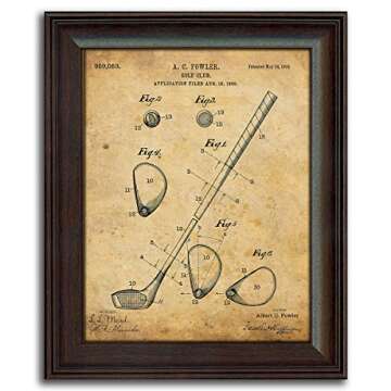 Personal-Prints | Golf Vintage Style US Patent Prints Wall Art | Framed Behind Acrylic Golfer Décor Featuring a Golf Club, Golf Tee, Golf Bag and Golf Ball (4 set (Ball Tee Club Bag))