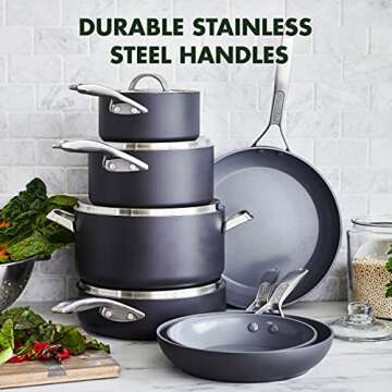 GreenPan Paris Pro Hard Anodized Healthy Ceramic Nonstick, 11 Piece Cookware Pots and Pans Set with Stainless Steel Lids, PFAS-Free, Dishwasher Safe, Grey